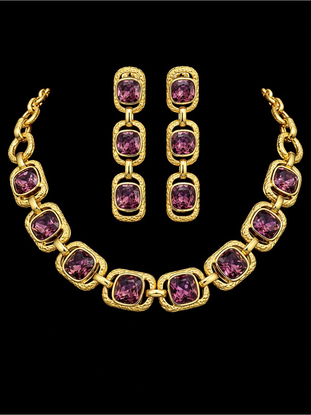 Elegant Gold-Plated Necklace and Drop Earrings Set with Purple Stones